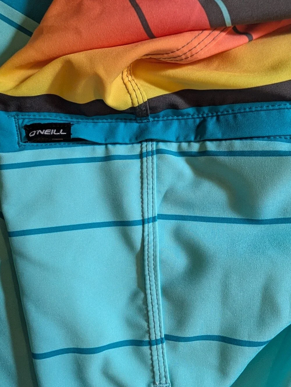 Oneill Mens Size 31 Black & Aqua Striped Hyperfreak Below The Knee Board Shorts